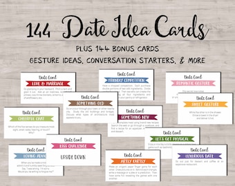 Printable Date Night cards. 144 Ideas. Instant download. Fun Romantic. Love coupon book. Dating game. Date jar. Wedding. Valentine's love.