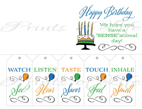 Five Senses Gift Tags & Birthday Card. Instant Download Printable