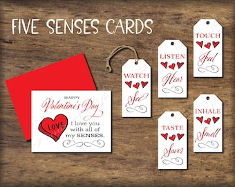 Five Senses Geschenkanhänger & Valentinstagskarte. Sofortiger Download zum Ausdrucken. 5 Sinne Geschenk für ihn ihren Mann Frau Kind Kind Elternteil Freund.