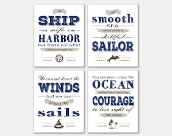 Set of 4 Nautical prints Quotes bundle. Instant download PDF printable. A ship is safe in harbor. A smooth sea never made a skillful sailor