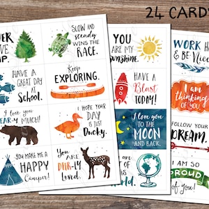 Lunchbox-kaarten. Set 5. Directe download afdrukbare PDF. 24 aanmoedigingskaarten voor school. Inspirerende notities. kind, studenten, kinderen, volwassenen
