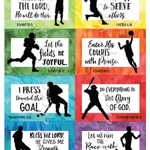 May include: Eight watercolour-style prints with sports silhouettes. Each print has a different background colour and inspirational text from the Bible. Sports include golf, tennis, football, basketball, hockey, baseball, soccer, and running. The prints are in a rectangular format.