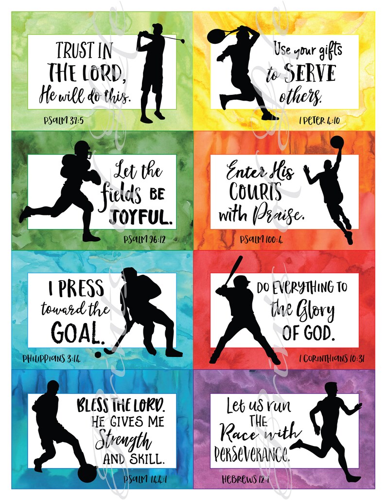 May include: Eight watercolour-style prints with sports silhouettes. Each print has a different background colour and inspirational text from the Bible. Sports include golf, tennis, football, basketball, hockey, baseball, soccer, and running. The prints are in a rectangular format.