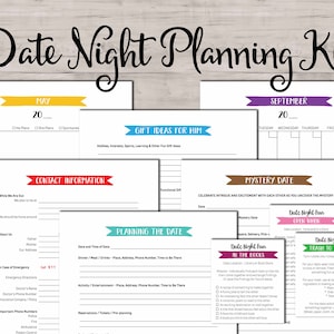 Date Night Planning Kit. Direct download printbaar. Kalender, thema werkbladen, jaar date night ideeënkaarten, babysitter informatiebladen.