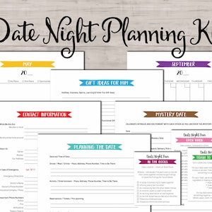 Date Night Planning Kit. Instant download printable. Calendar, theme worksheets, year date night idea cards, babysitter information sheets.