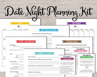 Date Night Planning Kit. Instant download printable. Calendar, theme worksheets, year date night idea cards, babysitter information sheets.