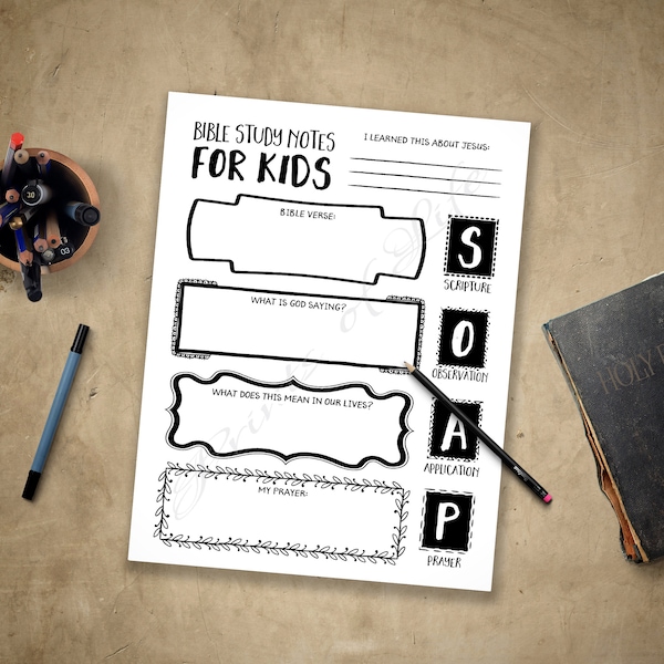 Bible Study Journal Notes for Kids. SOAP. Boys, girls, youth, teens, children. Instant download printable. Scripture worksheet guide planner