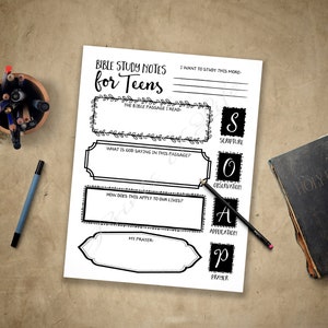 May include: A printable Bible study notes worksheet for teens with the acronym "SOAP" for Scripture, Observation, Application, and Prayer.