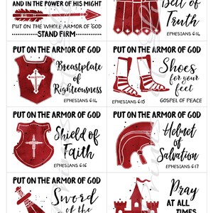 May include: Eight red and white watercolour illustrations depicting the Armor of God, each with text from Ephesians. The images include a belt, breastplate, shoes, shield, helmet, and sword, with related scripture.