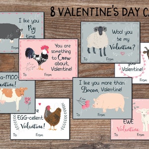 Cartes de Saint-Valentin pour enfants pour l'école. Médaillons mignons d'animaux de la ferme pour les garçons et les filles. Téléchargement instantané. Imprimable pour les enfants de la Saint-Valentin. kvc