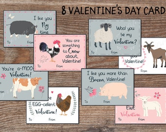 Kids Valentine cards for school. Cute farm animals Valentines Day tags for boys, girls. Instant download. Printable Valentines kids. kvc