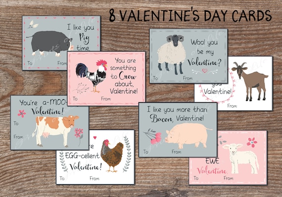 Kids Valentine Cards for School. Cute Farm Animals Valentines