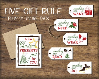 May include: A white card with a brown border and the text "A few Christmas Presents just for YOU."  Five white gift tags with red and green illustrations and the text "something you NEED", "something you WANT", "something you WEAR", "something you READ", and "something you DO".