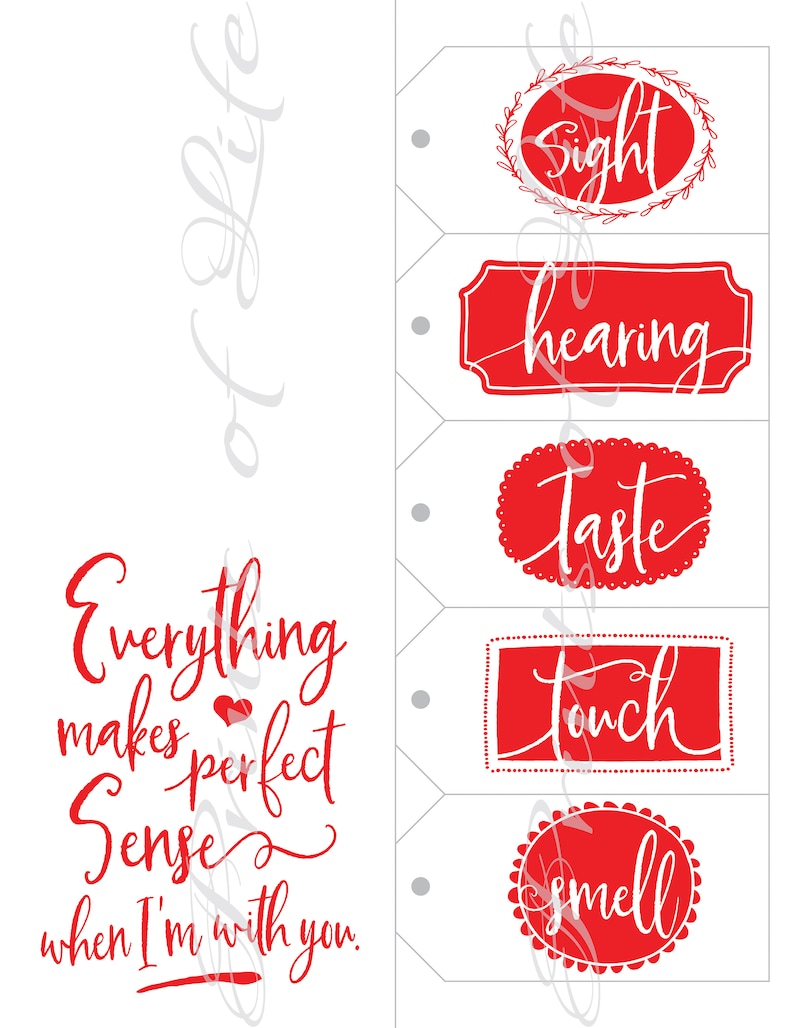 Instant download printable 5 senses Birthday Valentine/'s love. DIY Christmas gift for him her husband wife Five Senses Gift Tags /& Card