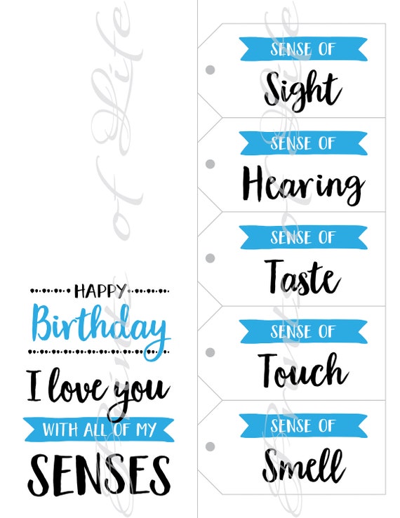 Five Senses Gift [& Free Printable Tags!]  Anniversary gift ideas for him  boyfriend, Cute birthday gift, Five senses gift