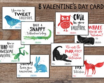 Kinder Valentinskarten. Valentinstag Schulkarten Jungen, Mädchen. Sofortiger Download druckbare Karten. Tiere Frosch Fuchs Eule Hase Wal Katze. kvc