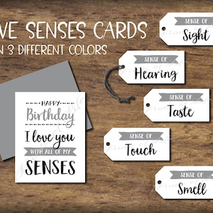 5 Senses Gift Tag Printable / Five Senses Gift Tags & Card / 50 Gift Ideas  for Him or Her / Whimsical Cursive Font / PDF Digital Download 