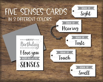 5 Senses Gift Tags & Birthday Card. Instant download printable. Five Senses Gift for him her child kid parent friend husband wife.