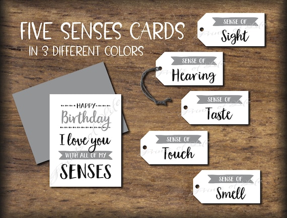 5 Senses Gift Tags & Birthday Card. Instant Download Printable