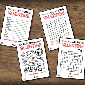 Cartões de dia dos namorados para crianças para a escola. Cartão de Dia dos Namorados de quebra-cabeças. Download instantâneo DIY para impressão para meninos e meninas. Jogo de labirinto de pesquisa de palavras em cores kvc