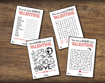 Kids Valentine cards for school. Puzzles Valentines Day card. DIY Instant download printable for girls boys. Color Word search Maze game kvc