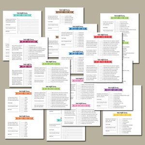 May include: A set of printable date night games with colorful backgrounds and titles like "The List - Meal Shop", "The List - Gift Shop", "The List - Late Night Out", and "The List - Vision of Love".