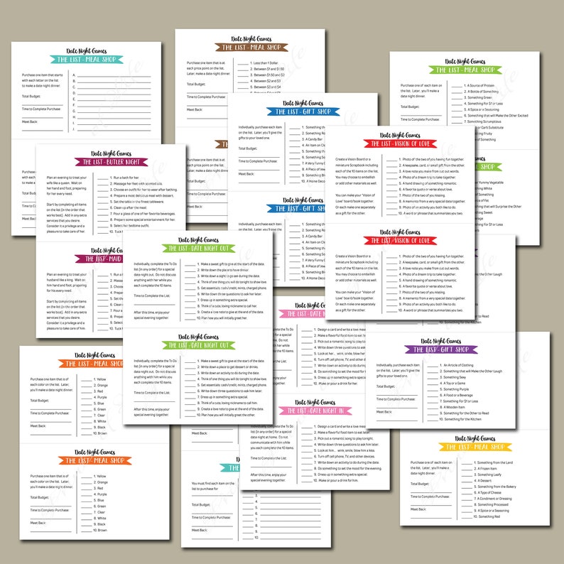 May include: A set of printable date night games with colorful backgrounds and titles like "The List - Meal Shop", "The List - Gift Shop", "The List - Late Night Out", and "The List - Vision of Love".