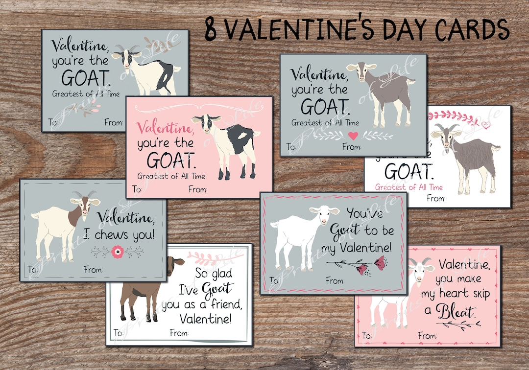 Kids Valentine Cards for School. Cute Goat Animals. Valentines Day Tags ...