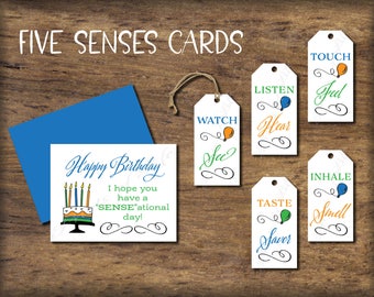 Five Senses Gift Tags & Birthday Card. Instant download printable. 5 Senses Gift for him husband child kid parent friend boy son dad father.