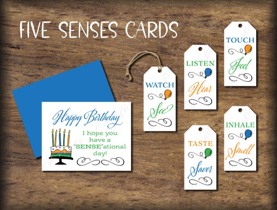 5 Senses Gift Tags & Birthday Card. Instant Download Printable