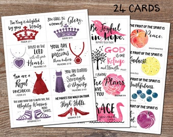 Lunch box notes. Set 8. Girls Scripture. Instant download printable PDF. Bible verse. Christian cards. Kids. Women. Princess. Proverbs 31.