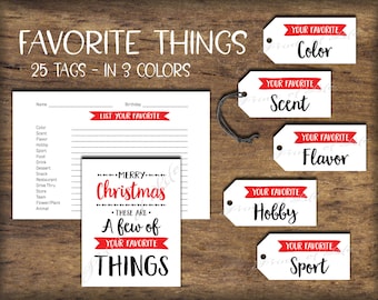 Christmas - Your Favorite Things gift tags & card. Instant download printable. For child, son, daughter, husband, wife, spouse, him, her.