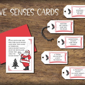 Étiquettes-cadeaux et carte Five Senses. Échange secret du Père Noël. Téléchargement instantané imprimable. 5 cadeaux de Noël - ami, voisin, fête de travail au bureau.
