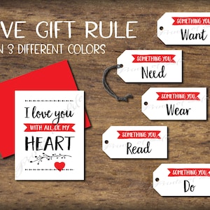 5 Gift Rule Tags & Card. 4 Gift Rule Instant download printable. Five Four Gifts for him her child kid parent friend husband wife spouse.