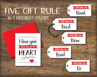 5 Gift Rule Tags & Card. 4 Gift Rule Instant download printable. Five Four Gifts for him her child kid parent friend husband wife spouse.