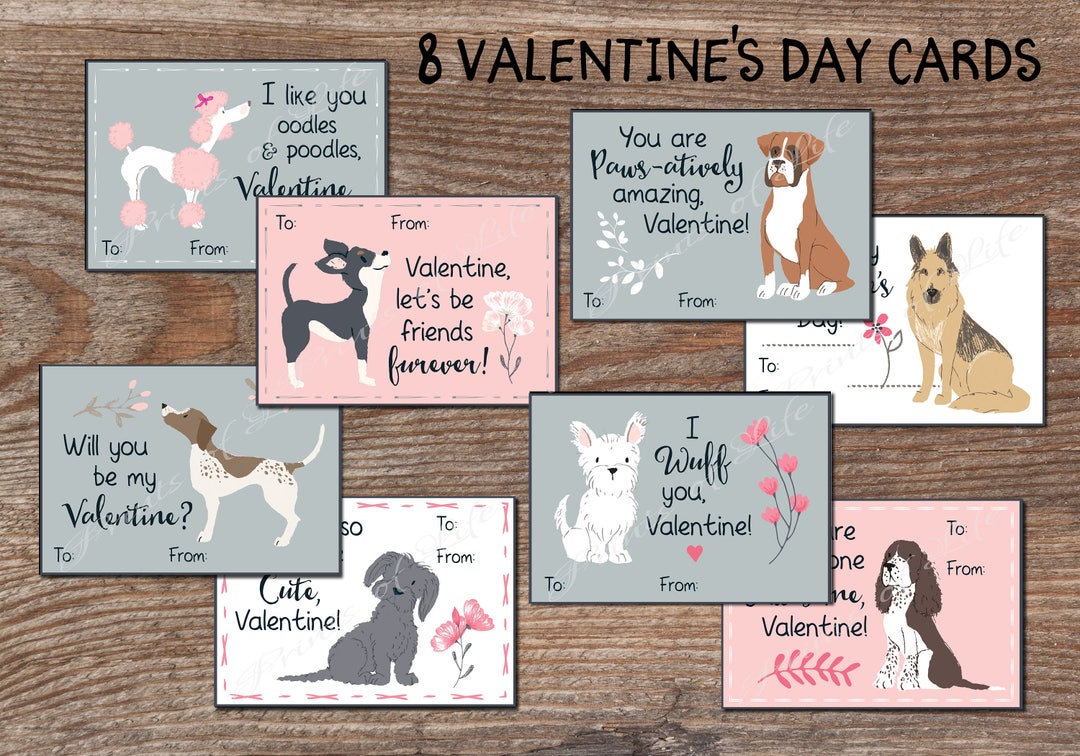 Kids Valentine Cards for School. Cute Dog Valentines Day Tags