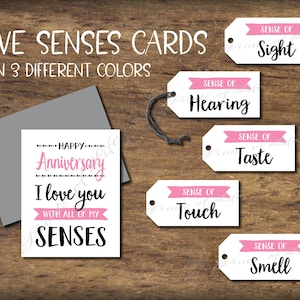 Etiquetas para presentes e cartão de aniversário da 5 Senses. Download instantâneo para impressão. Presente Five Senses para ele, seu marido, esposa. Cartões de ideias para encontros noturnos.