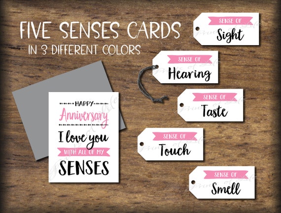 5 Senses Gift Tags & Anniversary Card. Instant Download Printable