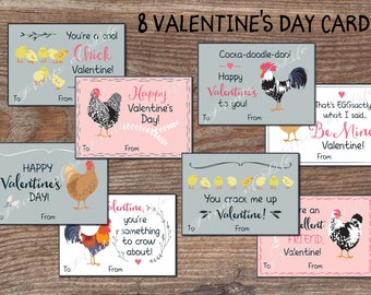 Tarjetas de San Valentín de pollo para la escuela. Etiquetas infantiles del Día de San Valentín para niños y niñas. Descarga instantánea. San Valentín imprimible. Gallina Pollito Gallo. kvc