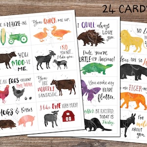 Notes de déjeuner. Ensemble 11. Animaux - Ferme, Woodsy, Zoo. Téléchargement instantané au format PDF imprimable. 24 cartes d'encouragement - enfants, étudiants, enfants, adultes.