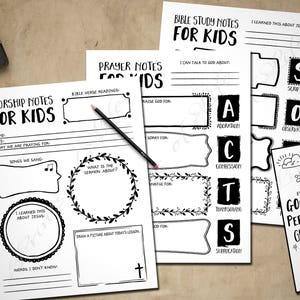 May include: Black and white printable worksheets for children with the titles "Worship Notes for Kids", "Prayer Notes for Kids", and "Bible Study Notes for Kids". The worksheets include sections for writing about the sermon, songs sung, prayers, and Bible verses.