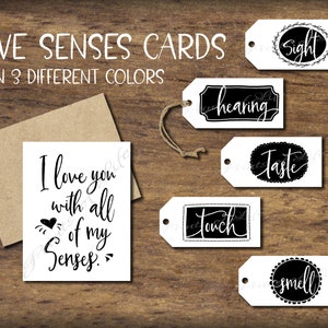 Étiquettes-cadeaux et carte Five Senses. Idée de rendez-vous amoureux des 5 sens. Téléchargement instantané imprimable. Cadeau de Noël lui sa femme mari. L'amour de la Saint-Valentin.