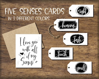 Five Senses Gift Tags & Card. 5 senses Date Night idea. Instant download printable. Christmas gift him her husband wife. Valentine's love.