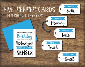 5 Senses Gift Tags & Birthday Card. Instant download printable. Five Senses Gift for child kid parent friend relative son daughter children.