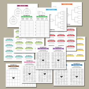 May include: A set of printable date night game cards with various themes, including wine tasting, blind taste challenge, royal spouse bingo, love language bingo, five senses bingo, and a tournament bracket. The cards are designed with colorful borders and text.