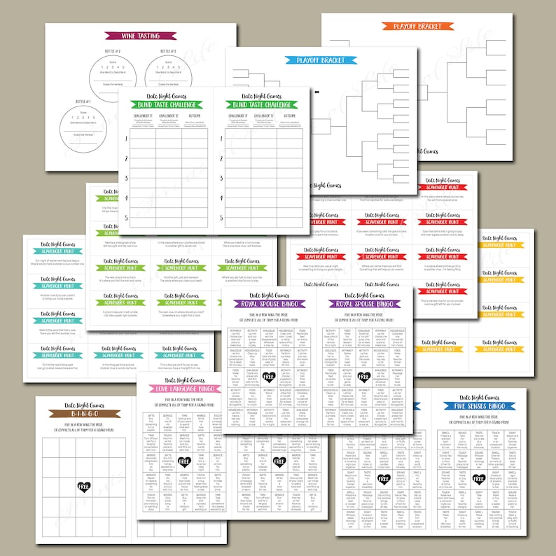 May include: A set of printable date night game cards with various themes, including wine tasting, blind taste challenge, royal spouse bingo, love language bingo, five senses bingo, and a tournament bracket. The cards are designed with colorful borders and text.
