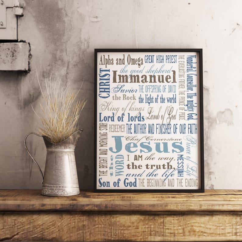 Names of Jesus. Instant download printable pdf jpg. 8x10 & 11x14 prints 5x7 CARD. Home decor. Christian Subway Art. Wall Sign. Blue Brown. image 1