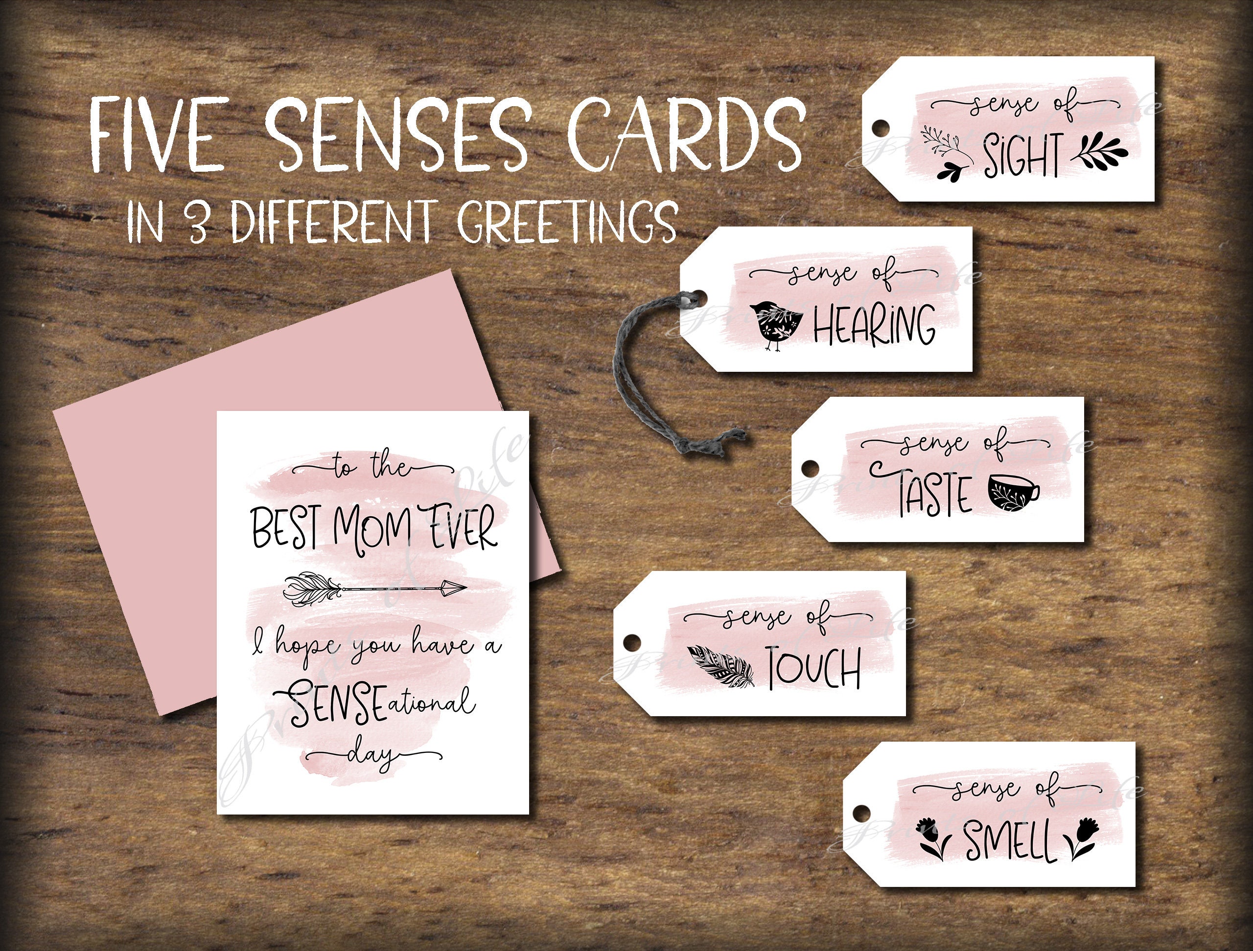 5 Senses Gift Tags & Birthday Card. Instant Download Printable
