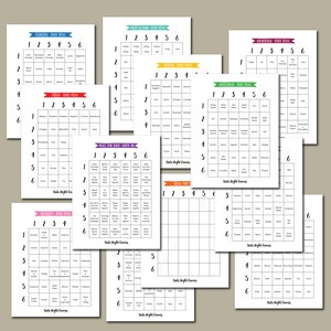 May include: Ten printable dice roll game cards with a grid of 36 squares. Each card has a different category, such as "Fruit", "Meat & Fish", "Dessert", "Beverage", "Vegetable", "Cheese", "Roll the Dice - Stay In", and "Roll the Dice".