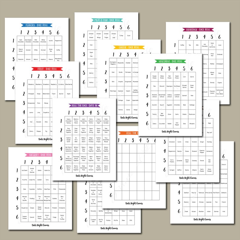 May include: Ten printable dice roll game cards with a grid of 36 squares. Each card has a different category, such as "Fruit", "Meat & Fish", "Dessert", "Beverage", "Vegetable", "Cheese", "Roll the Dice - Stay In", and "Roll the Dice".